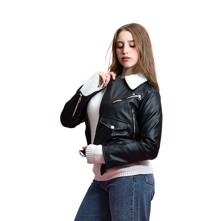 Sherpa-Collar Leather Biker Jacket