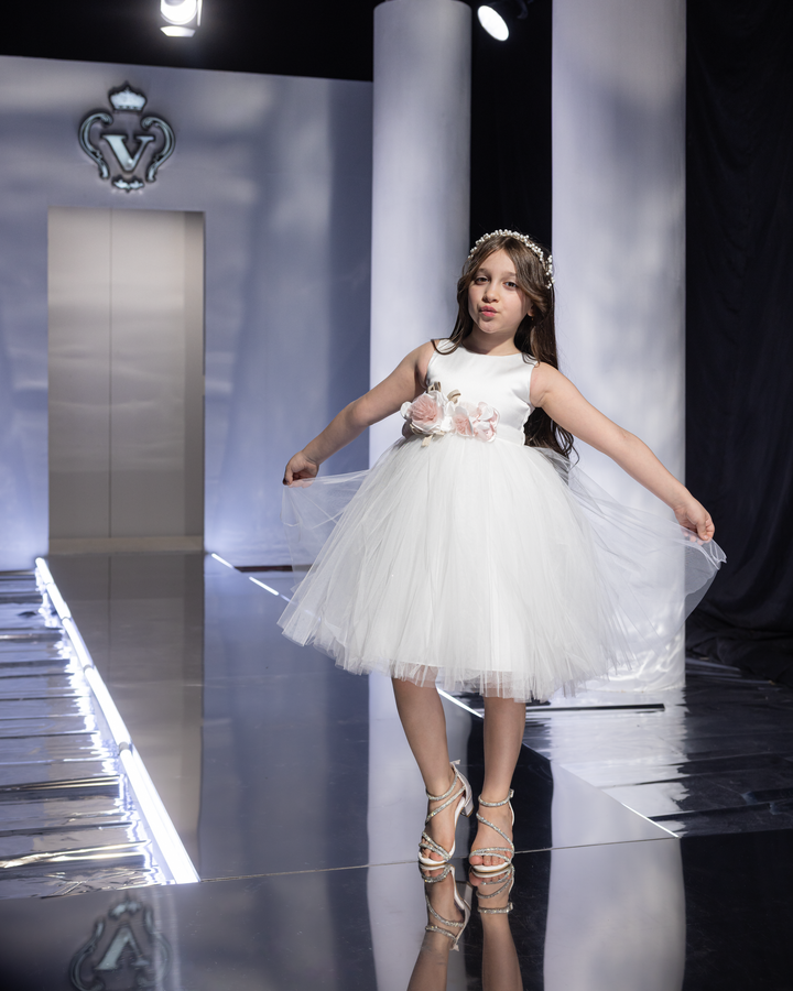 Floral Applique Satin and Tulle Dress