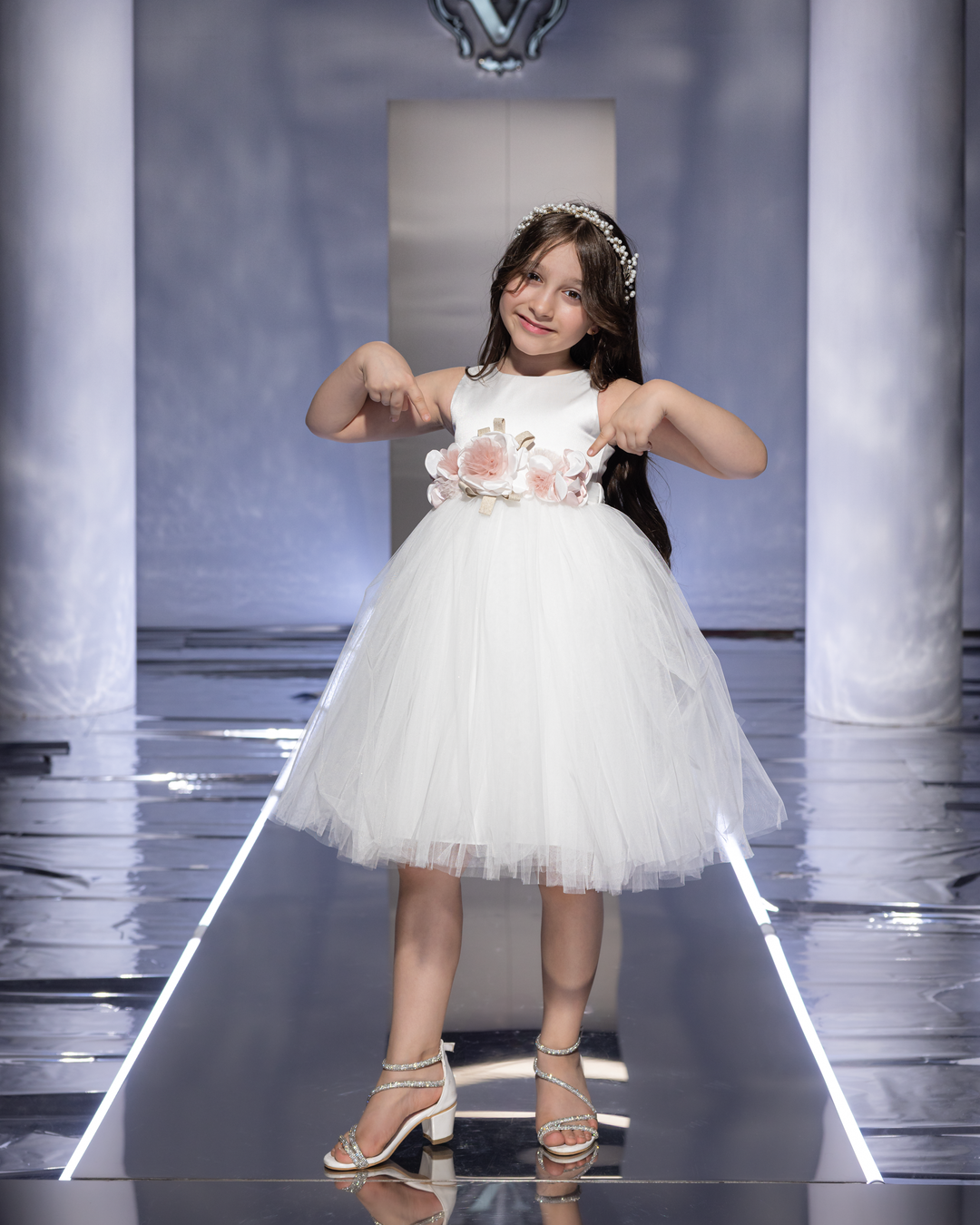 Floral Applique Satin and Tulle Dress