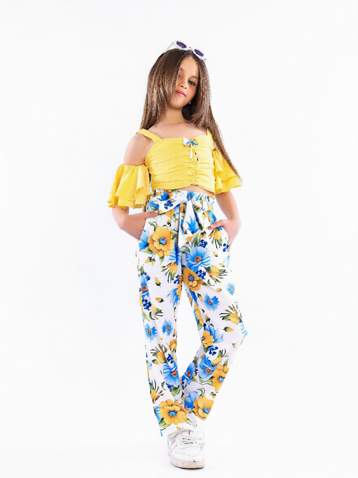Girls' 2-Piece Off-Shoulder Ruffle Top & Floral Wide-Leg Pants Set