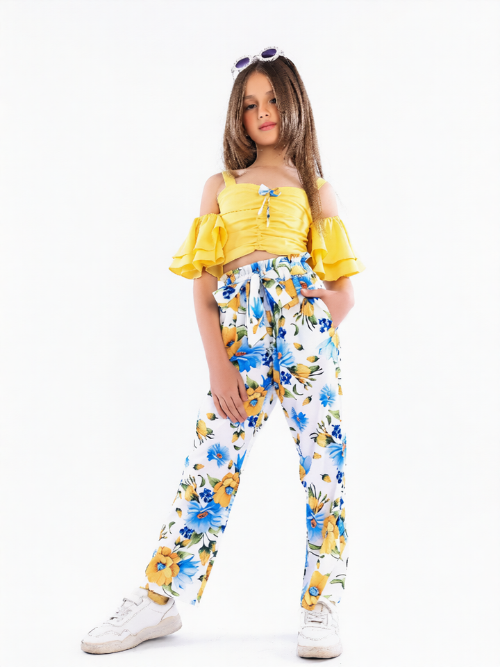 Girls' 2-Piece Off-Shoulder Ruffle Top & Floral Wide-Leg Pants Set