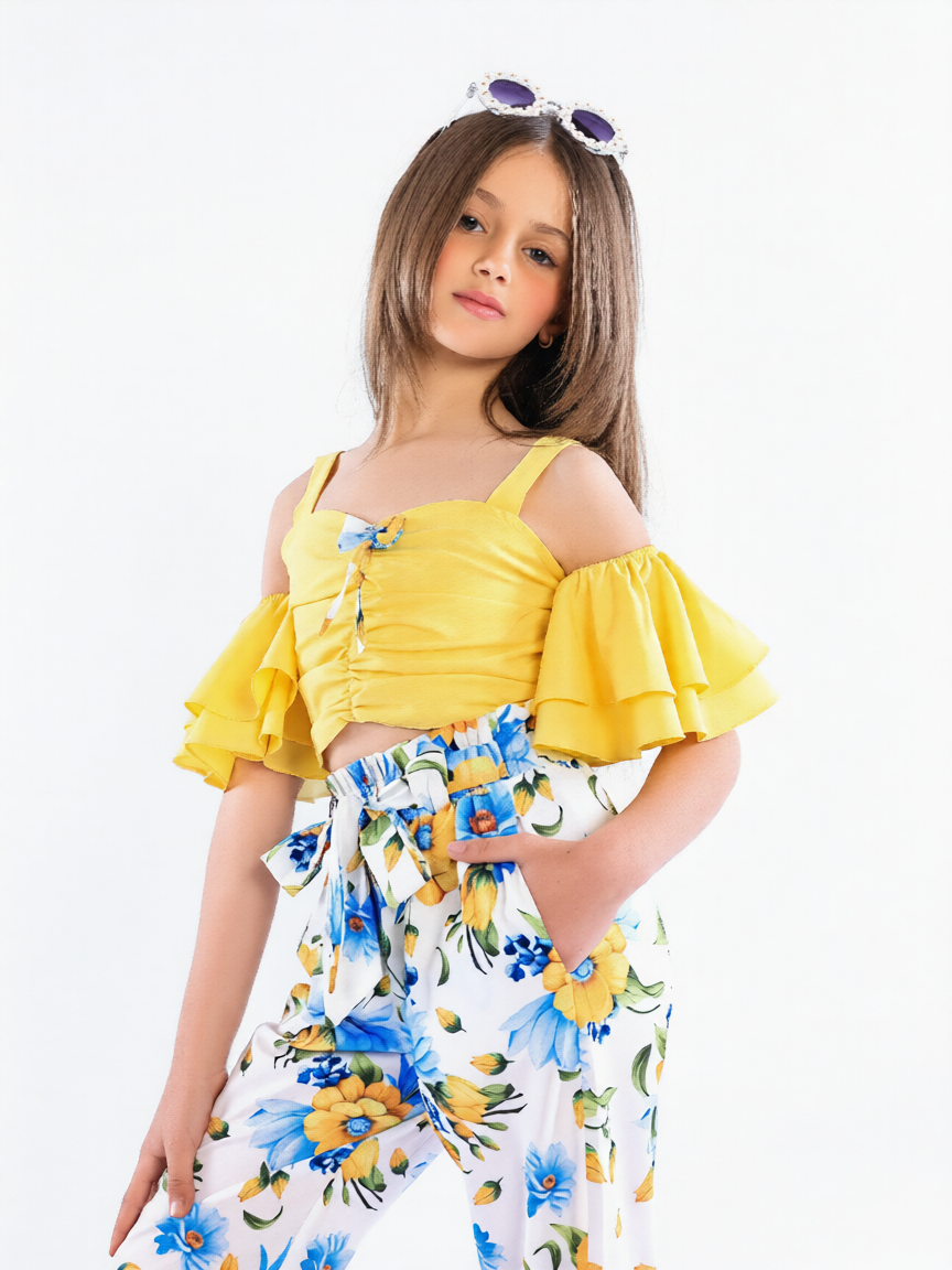 Girls' 2-Piece Off-Shoulder Ruffle Top & Floral Wide-Leg Pants Set
