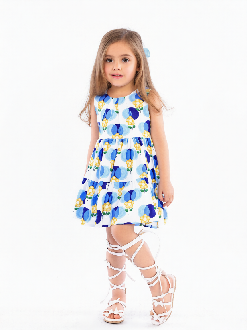 Blue Blooms Sleeveless Tiered Dress
