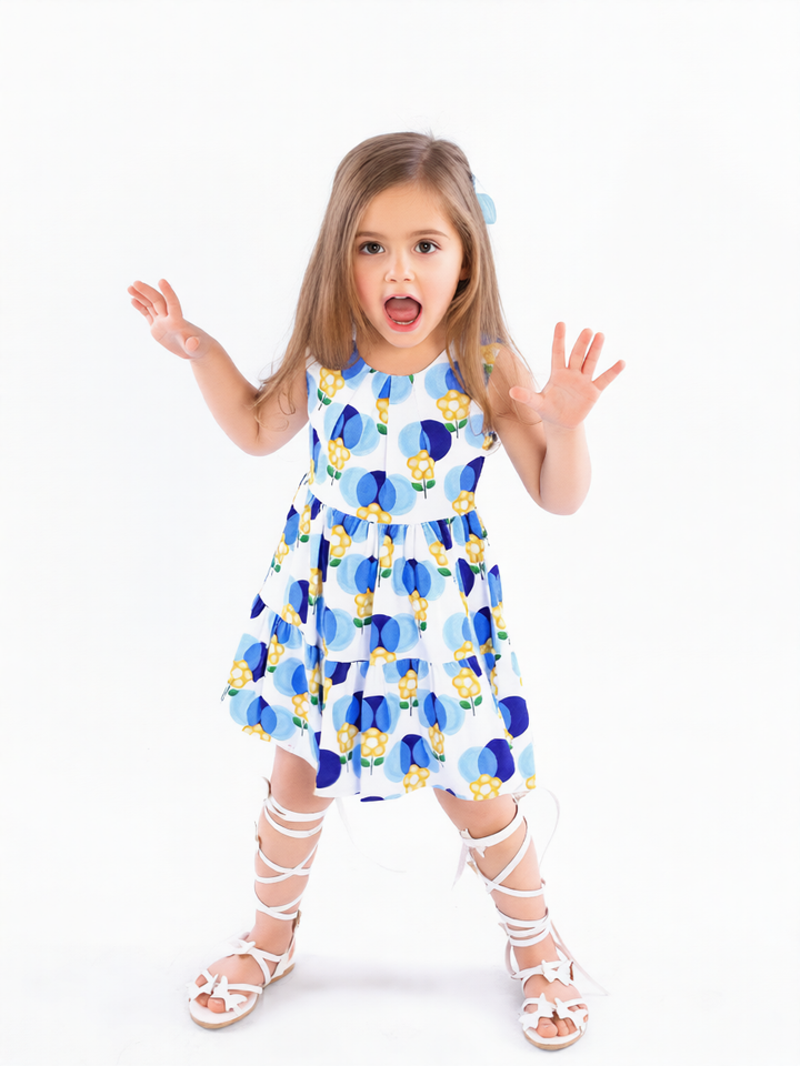 Blue Blooms Sleeveless Tiered Dress
