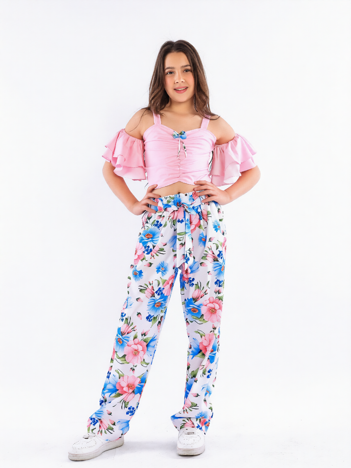 Girls' 2-Piece Off-Shoulder Ruffle Top & Floral Wide-Leg Pants Set