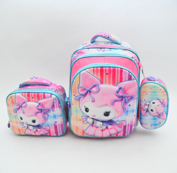 3-in-1 Cute Pink Character School Backpack Set