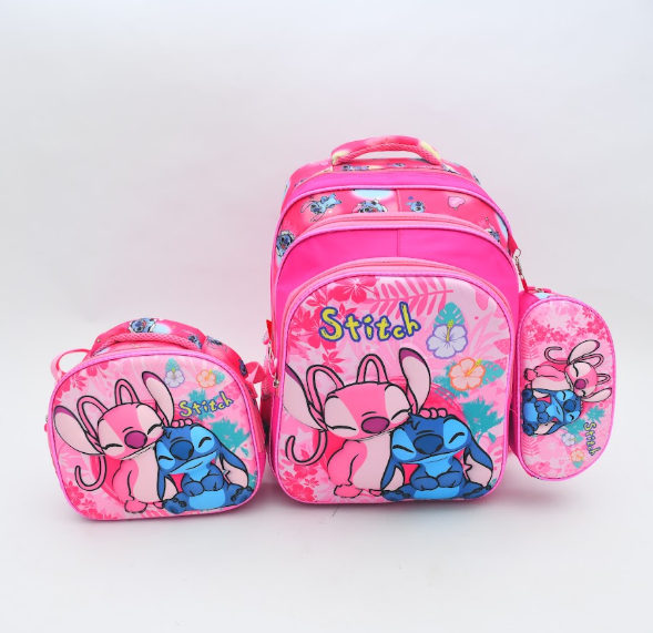 Cute Pink Stitch Superhero 3-Piece School Bag Set for Girls