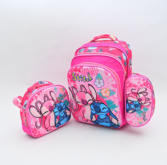 Cute Pink Stitch Superhero 3-Piece School Bag Set for Girls