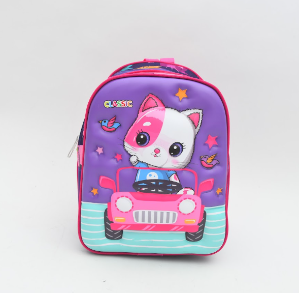 3D Cute Kitty Driving Car Kids School Backpack - Purple & Pink
