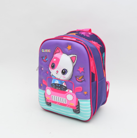 3D Cute Kitty Driving Car Kids School Backpack - Purple & Pink