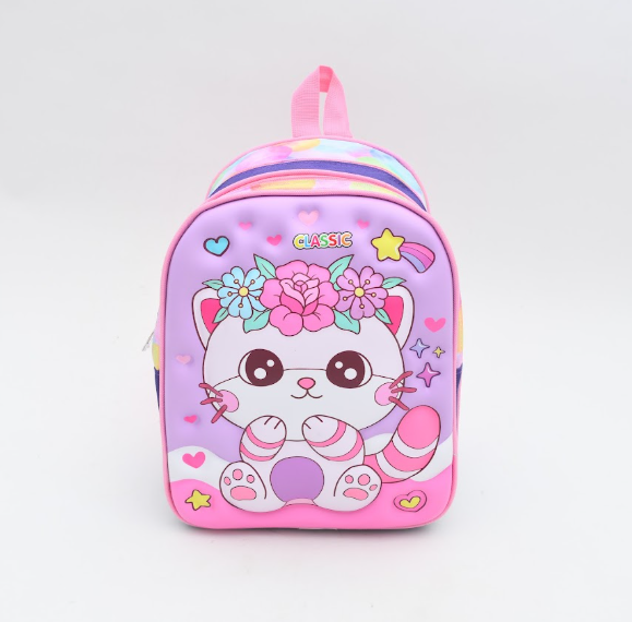 3D Floral Crown Kitty Kids School Backpack - Pastel Pink & Lilac