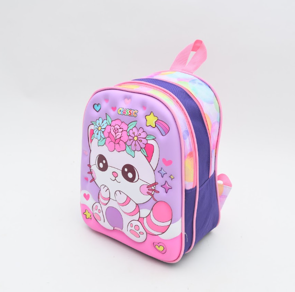 3D Floral Crown Kitty Kids School Backpack - Pastel Pink & Lilac