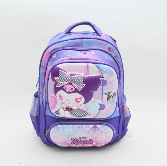 Cute Kuromi Bow & Gingham 3D Embossed Multi-Pocket School Bag for Girls