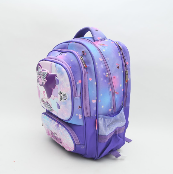 Cute Kuromi Bow & Gingham 3D Embossed Multi-Pocket School Bag for Girls
