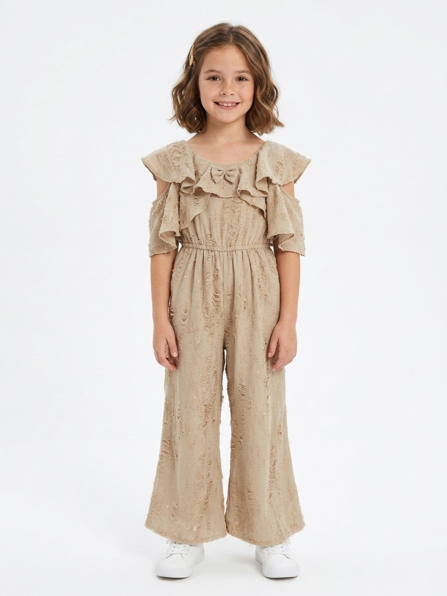 Girls' Cold-Shoulder Ruffle Jumpsuit with Sequins