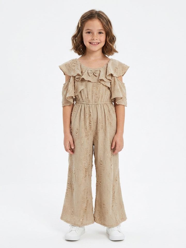 Girls' Cold-Shoulder Ruffle Jumpsuit with Sequins