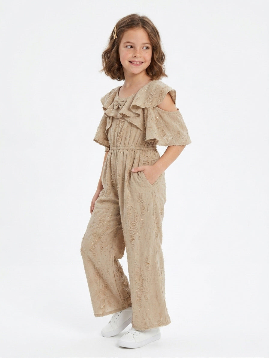 Girls' Cold-Shoulder Ruffle Jumpsuit with Sequins