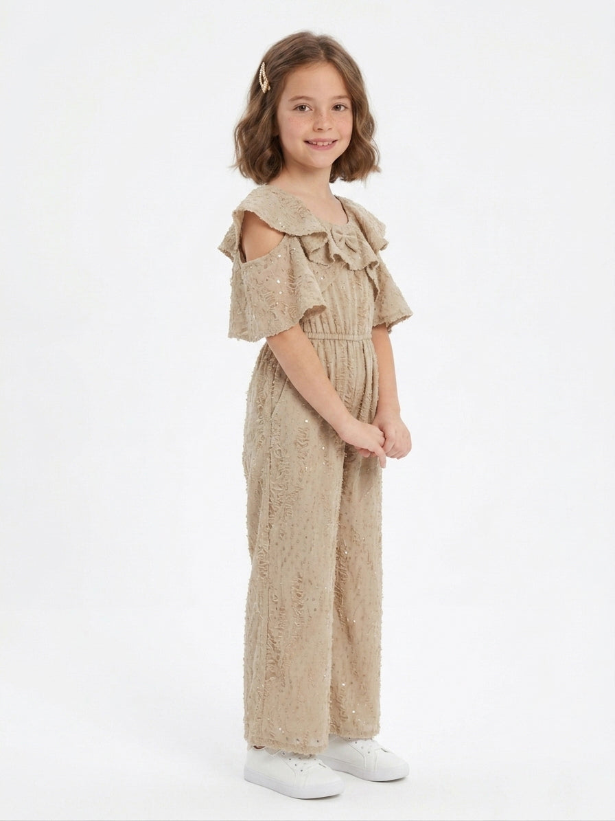 Girls' Cold-Shoulder Ruffle Jumpsuit with Sequins