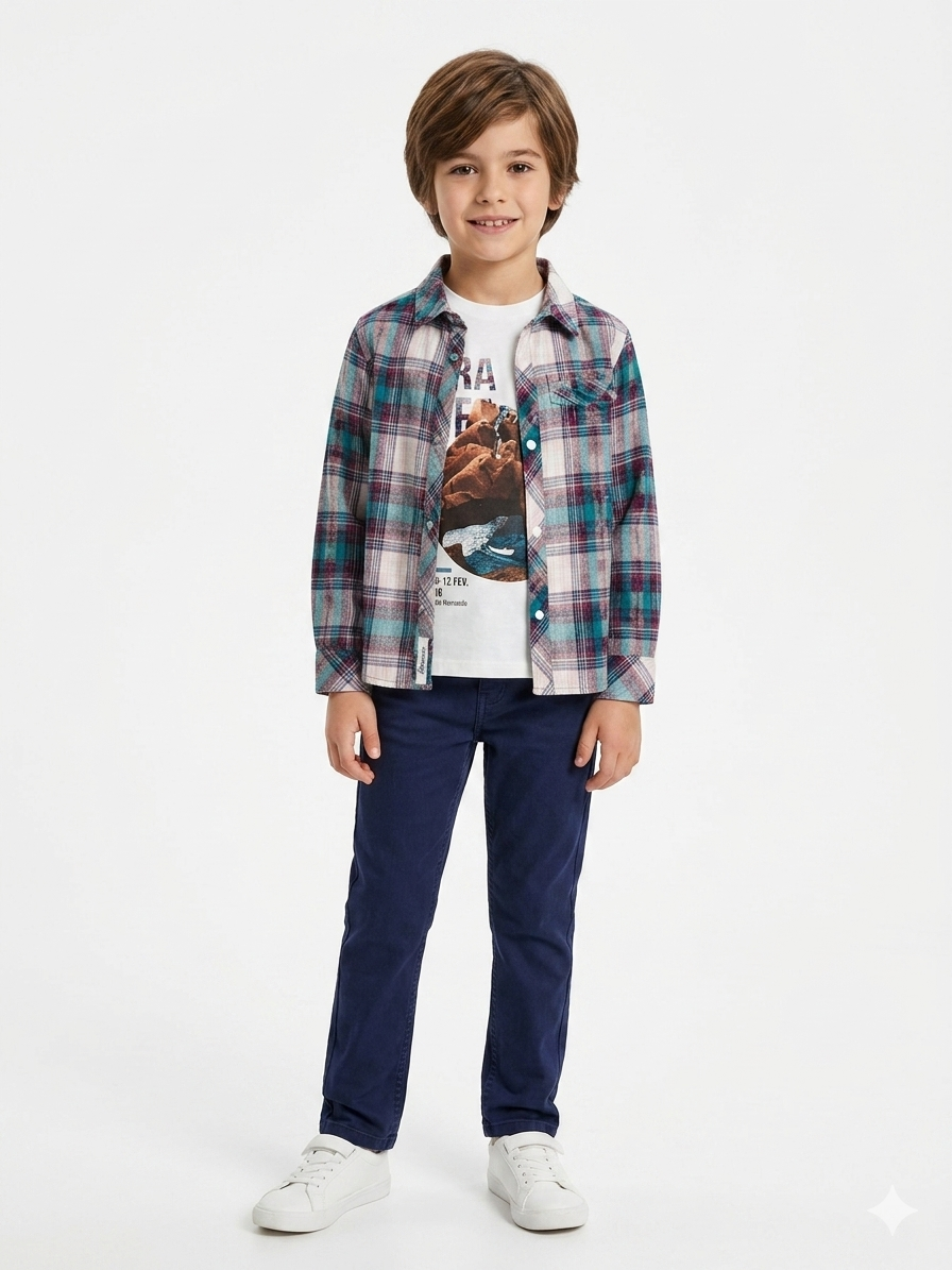 Boys' Casual Graphic Tee & Plaid Button-Down Shirt Set
