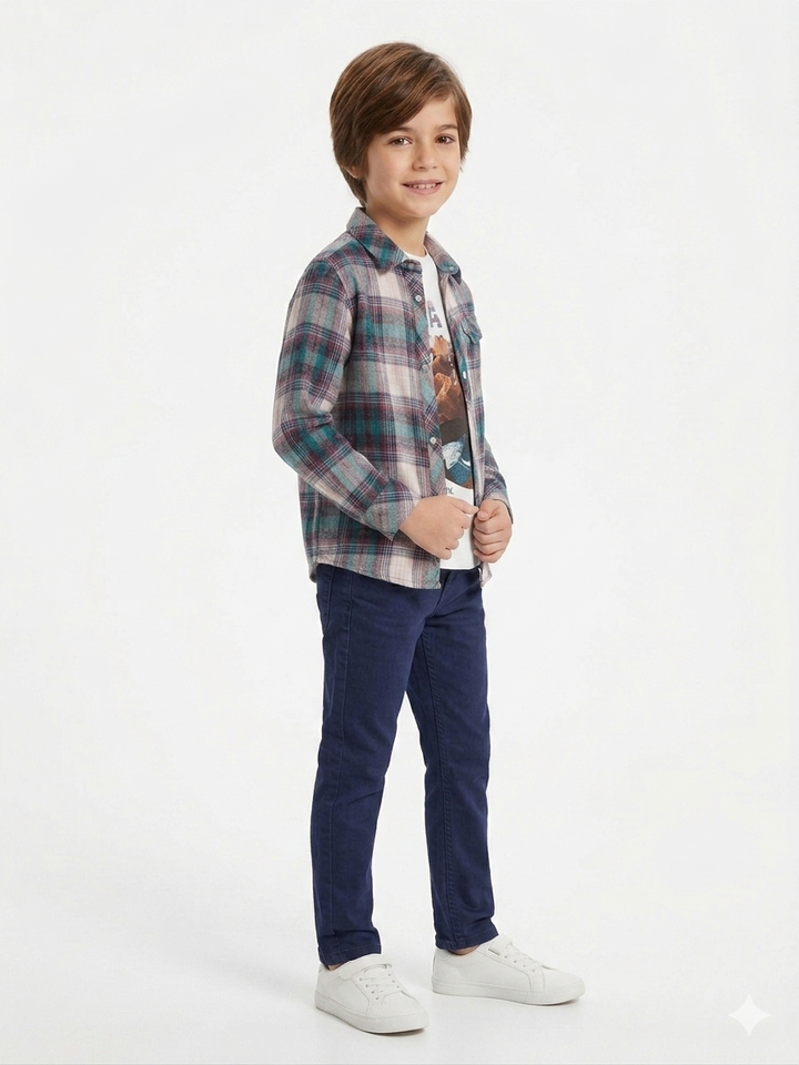 Boys' Casual Graphic Tee & Plaid Button-Down Shirt Set