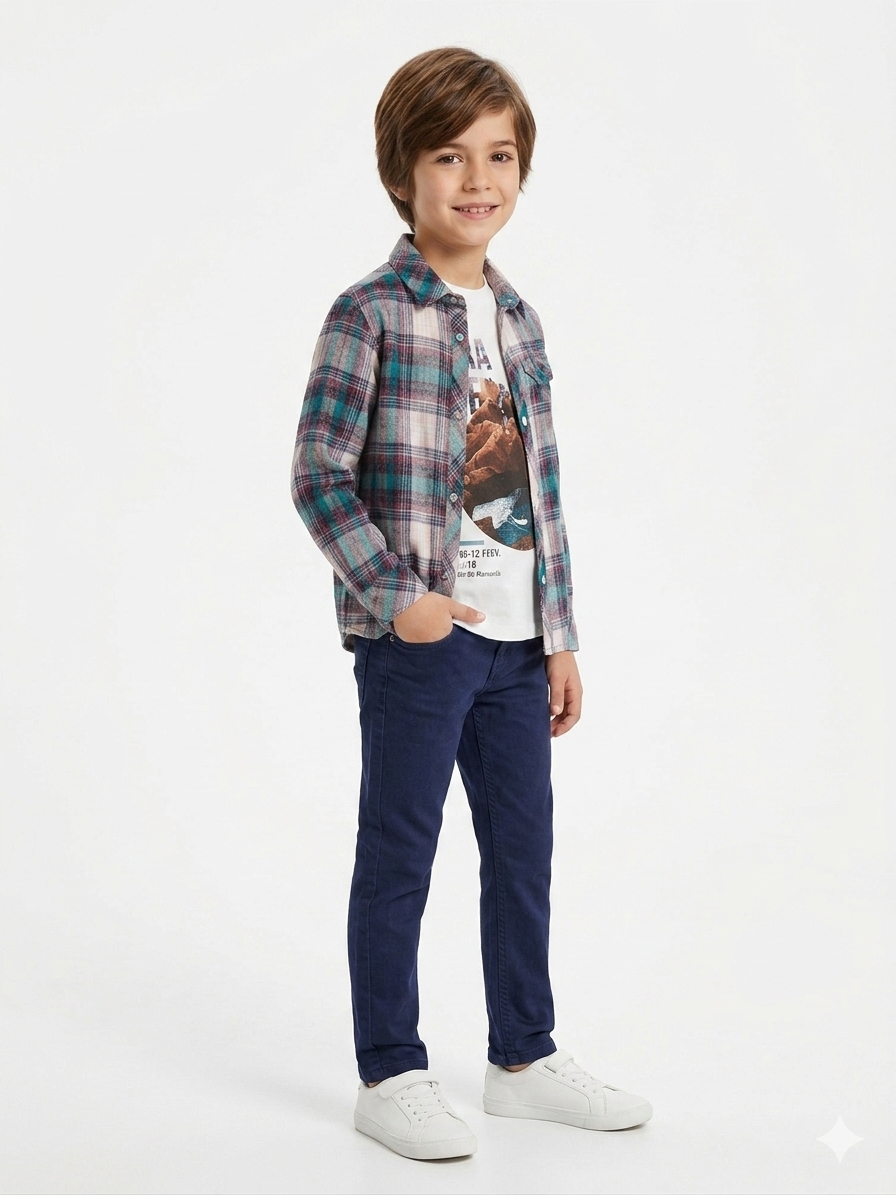 Boys' Casual Graphic Tee & Plaid Button-Down Shirt Set