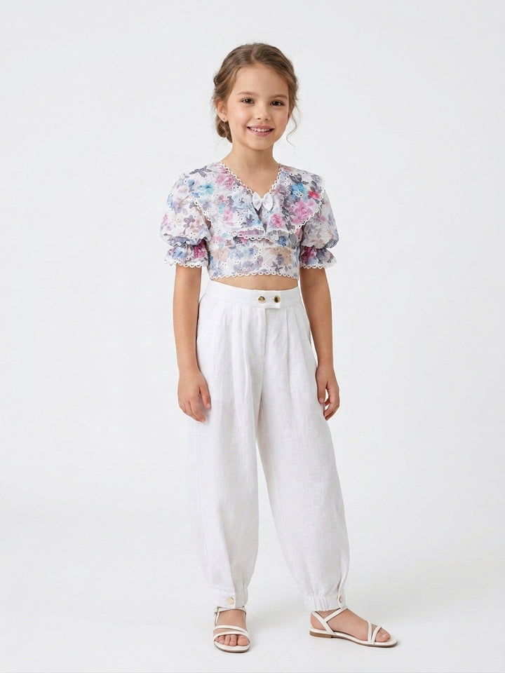Elegant Floral Lace Top & White Trouser Set
