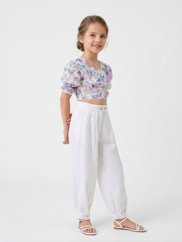 Elegant Floral Lace Top & White Trouser Set