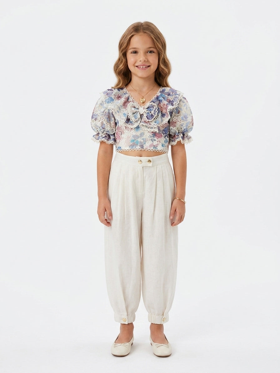 Elegant Floral Lace Top & White Trouser Set