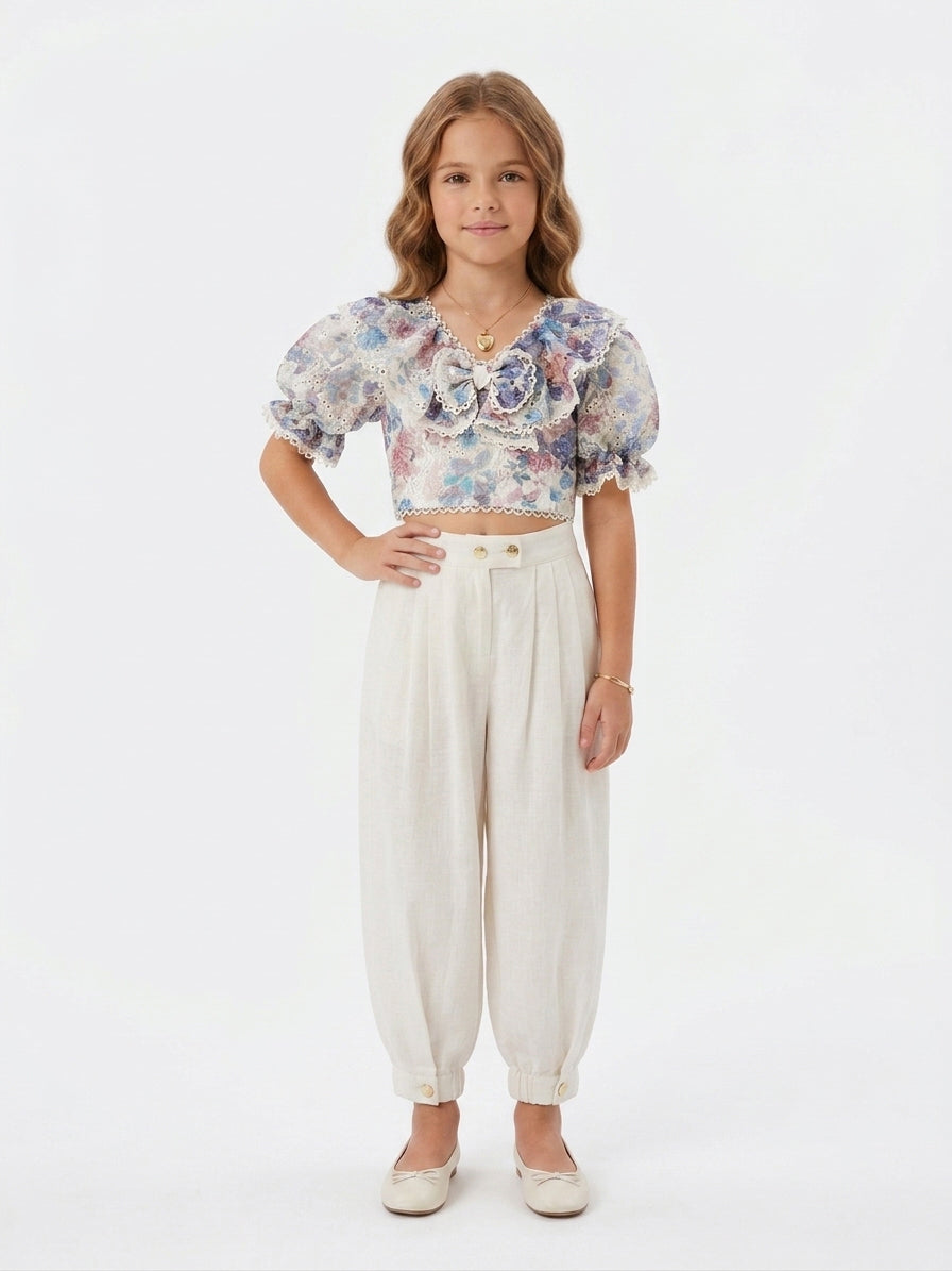 Elegant Floral Lace Top & White Trouser Set