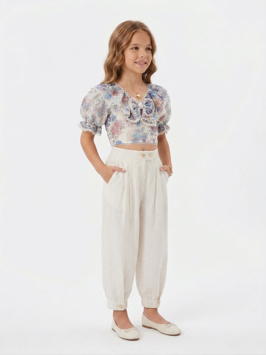 Elegant Floral Lace Top & White Trouser Set