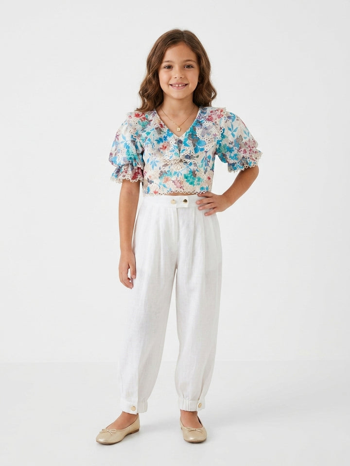 Elegant Floral Lace Top & White Trouser Set