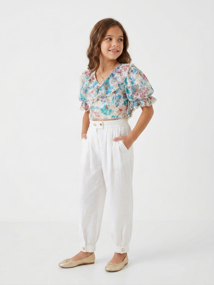 Elegant Floral Lace Top & White Trouser Set