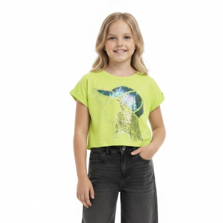 Girls Cool Cap Graphic Tee with Sequin Details