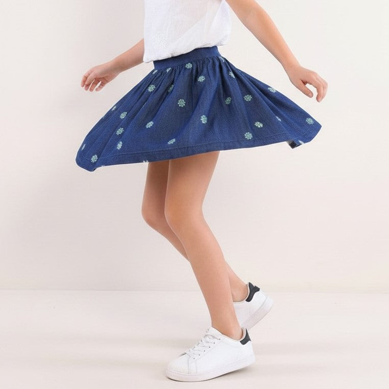 Girls' Embroidered Floral Twirl Denim Skirt