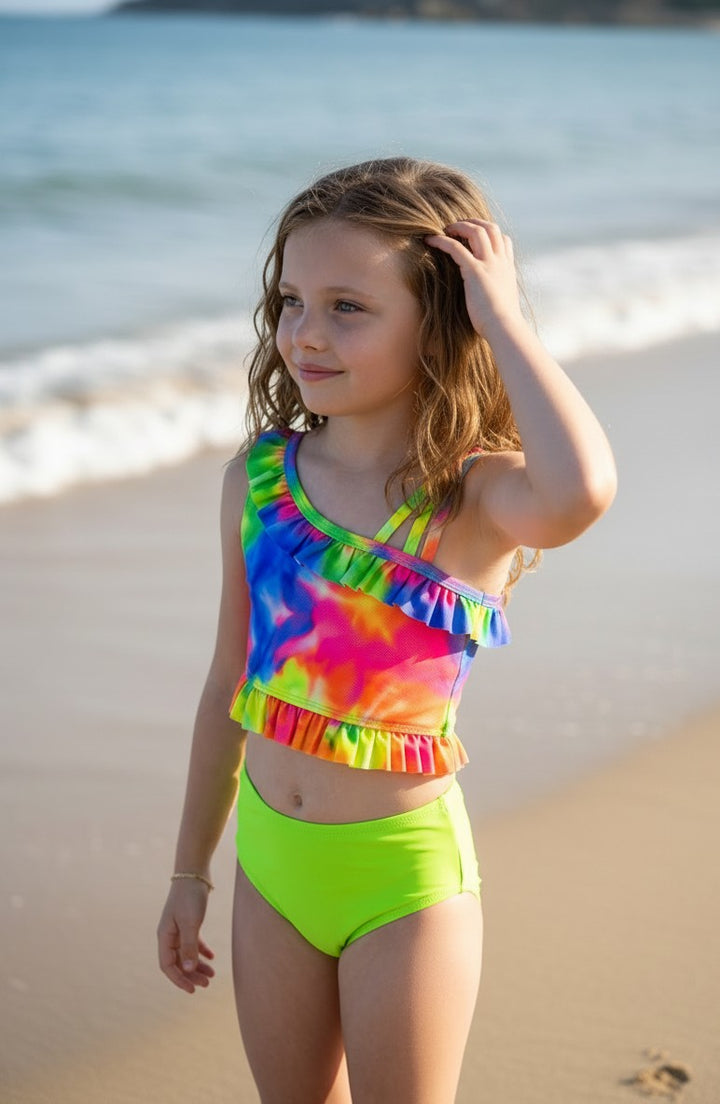 Girls' Ruffled Vibrant Print Tankini Set