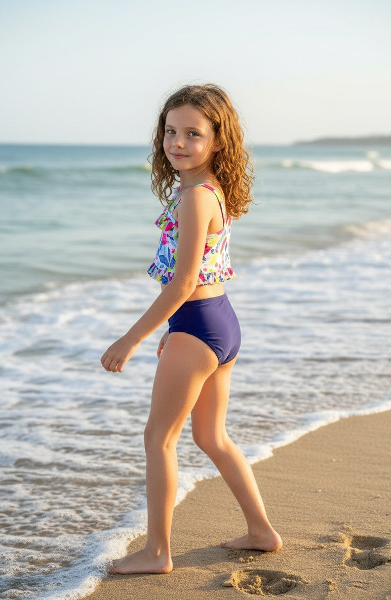 Girls' Ruffled Vibrant Print Tankini Set