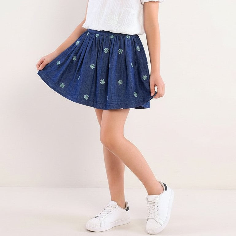 Girls' Embroidered Floral Twirl Denim Skirt