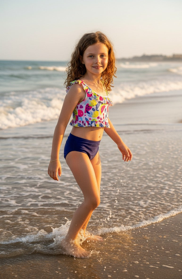 Girls' Ruffled Vibrant Print Tankini Set