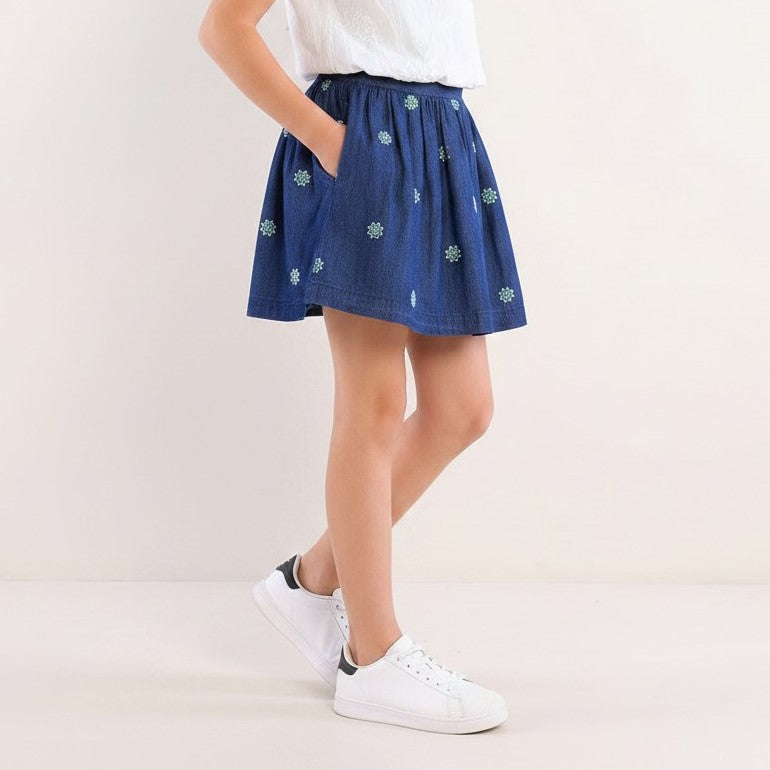 Girls' Embroidered Floral Twirl Denim Skirt