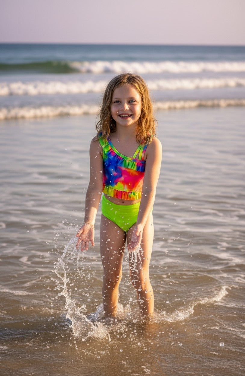 Girls' Ruffled Vibrant Print Tankini Set