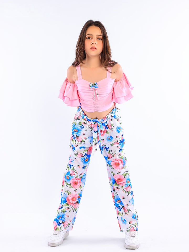 Girls' 2-Piece Off-Shoulder Ruffle Top & Floral Wide-Leg Pants Set