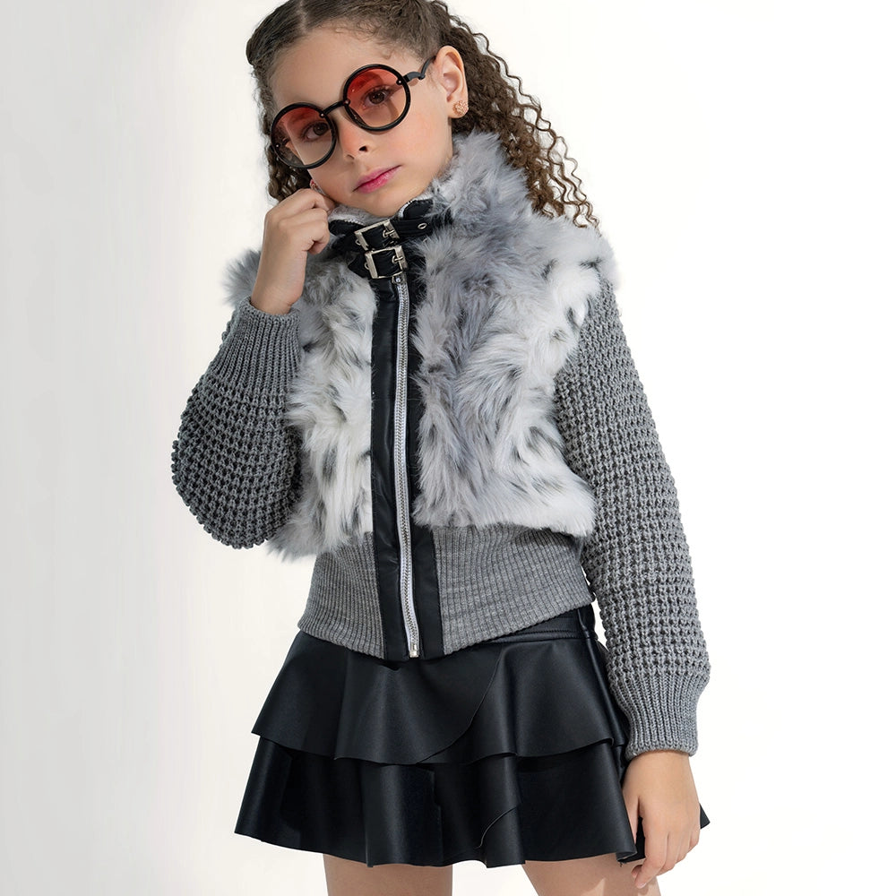 Textured Knit & Fur Moto Jacket