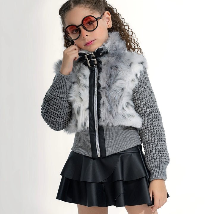 Textured Knit & Fur Moto Jacket