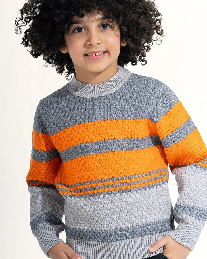 Ribbed Neck Block Stripe Pullover