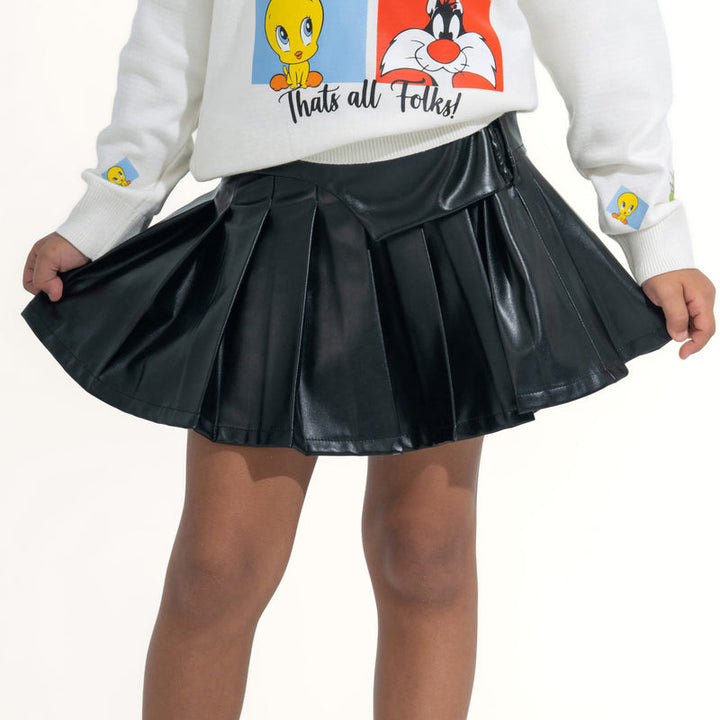 Girl's Pleated Faux Leather Mini Skirt