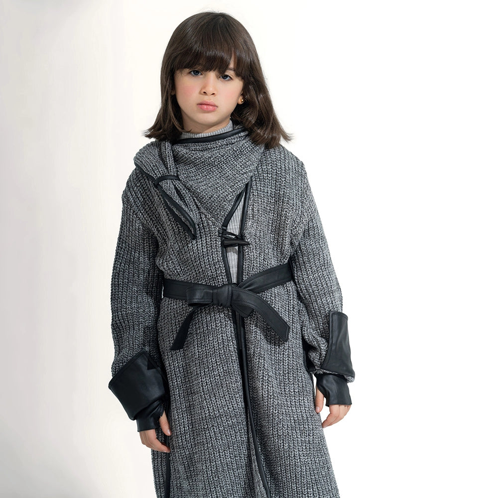 Long Knit Coat with Leather Trim