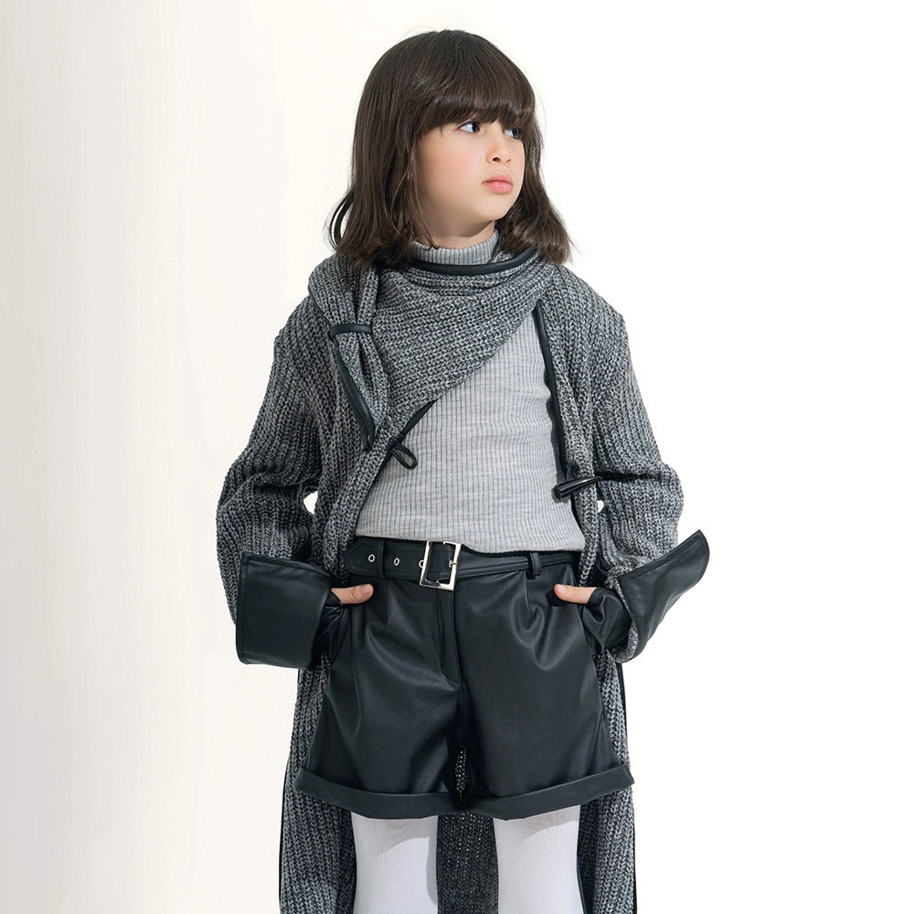 Long Knit Coat with Leather Trim