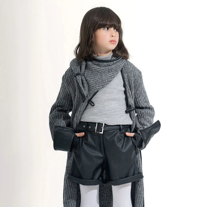 Long Knit Coat with Leather Trim