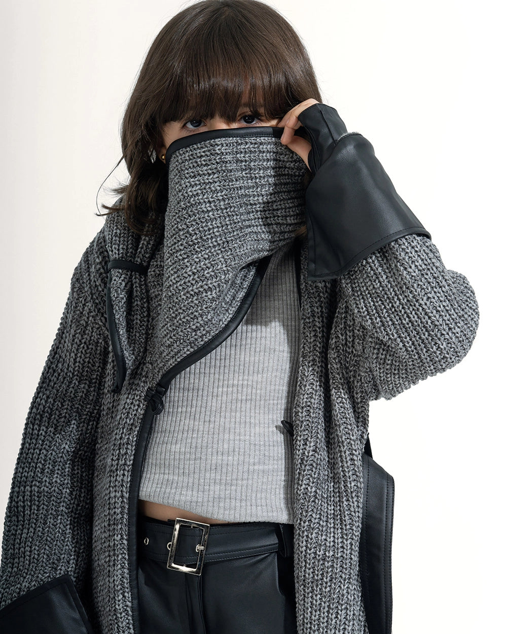 Long Knit Coat with Leather Trim