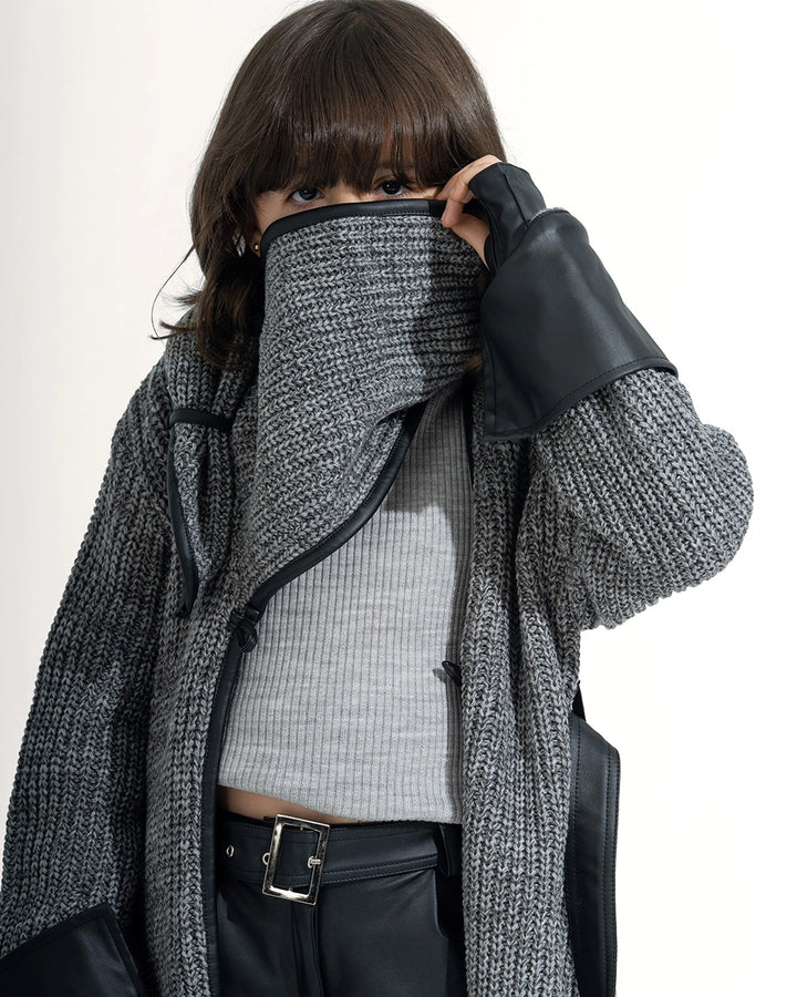 Long Knit Coat with Leather Trim